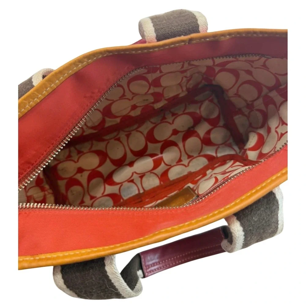 Flawed Gem! Coach Hamptons Weekend Canvas Tote Bag Brown Striped Leather Trim